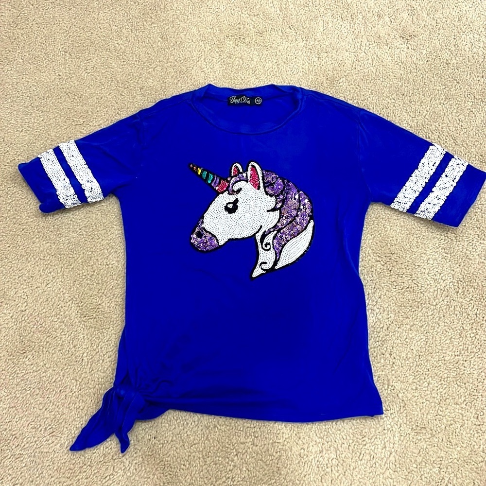 Unicorn 🦄 sequin girls blue side tie shirt top sz 10